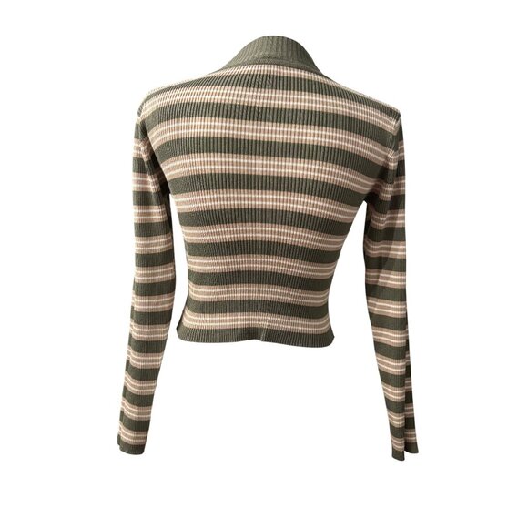 Striped Olive & Beige Ribbed Knit Long Sleeve Cropped Sweater Womans Juniors M - Picture 3 of 11